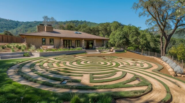 Ranch home with a backyard that includes a large, circular meditation labyrinth, designed for walking meditations