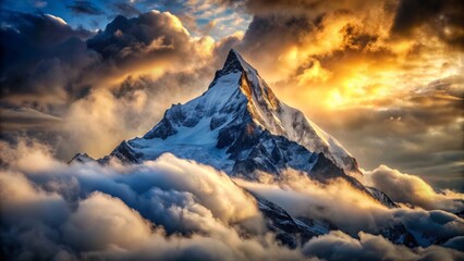 Majestic snow-capped mountain peak with a dramatic misty sky, symbolizing triumph, achievement, and victorious conquest of personal challenges.