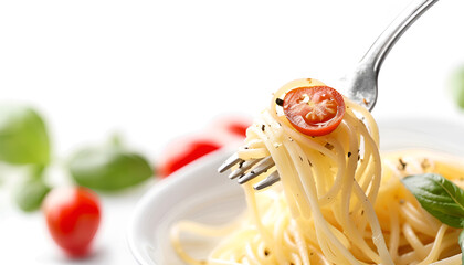 Fork with tasty pasta isolated on white