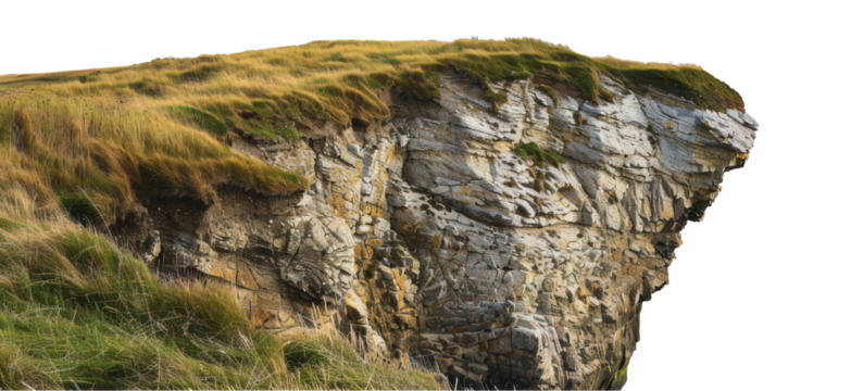 A steep cliff face with grass and rocks in ireland, cut out - stock png.