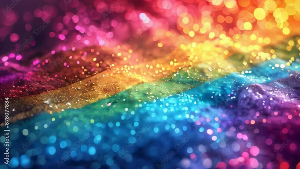Poster vibrant abstract background with sparkling glitter and bokeh lights in rainbow colors, creating a fe