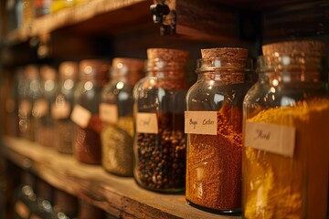 A close-up shot of glass jars filled with various spices, arranged neatly on a wooden shelf. The jars are labeled with names like paprika, turmeric, cumin, and oregano.