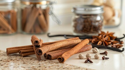 Close-up of cinnamon sticks, vanilla beans, and other baking spices arranged on a kitchen countertop.