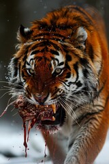 Naklejka premium A tight shot of a tiger taking a bite of food with its mouth open widely