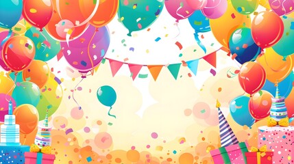 Banner with a celebration theme Sweet pink and blue balloons confetti and streamers on a light backg
