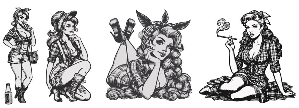 collection of pin-up redneck girl drawings black and white vector