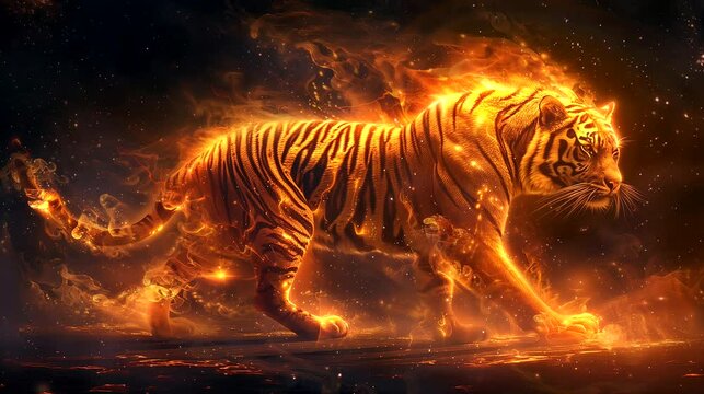 The fiery tiger. Anime or digital painting style, looping 4k video animation background