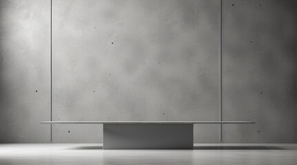 Minimalistic room with a concrete wall and floor, featuring a floating concrete bench.