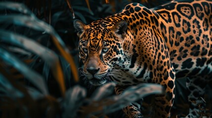 Obraz premium A tight shot of a leopard in a sea of green grass and vegetation, its face subtly out of focus