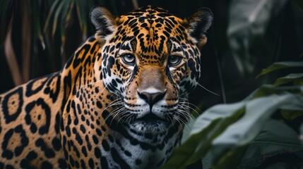 Obraz premium A tight shot of a leopard's face against a verdant, leafy backdrop in the jungle