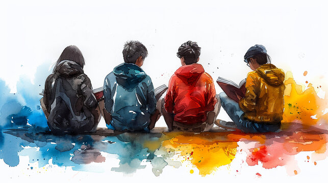 A group of students are studying. View from the back. Watercolor style.