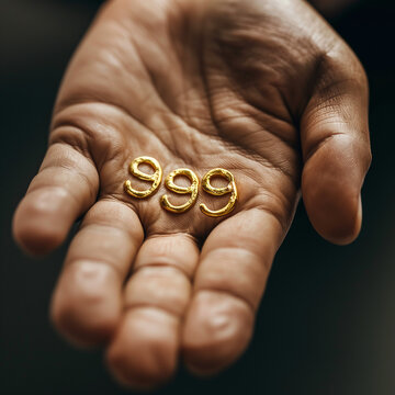 Auf der Handfl&auml;che steht in Gold die Engelszahl Zahl 999