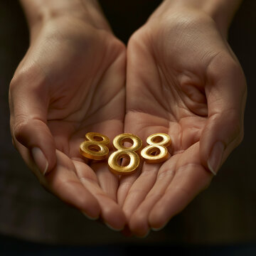 Auf der Handfl&auml;che steht in Gold die Engelszahl Zahl 888