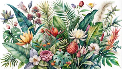 Delicate watercolor flowers and leaves intertwined in a whimsical botanical composition featuring exotic and forest species on a soft background.