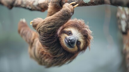 Fototapeta premium A tight shot of a sloth clinging to a branch, mouth agape, eyes expressively open Backdrop subtly blurred