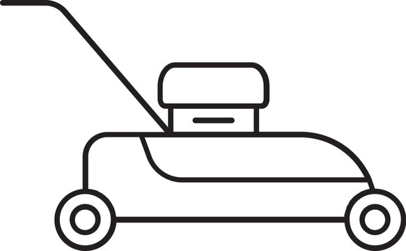 recommend clip art: Black line art lawn mower icon in flat style.