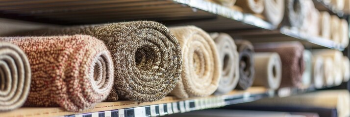 Carpets Variety Selection. Rolled Up Rugs in Beige Tones for Shop Window Display