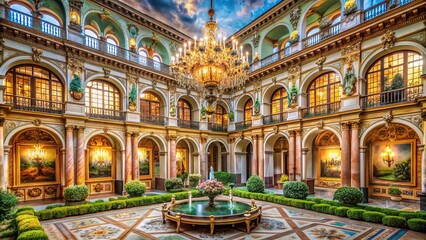 Majestic Renaissance palace boasts opulent chandeliers, intricate frescoes, and lavish furnishings, set amidst meticulously manicured gardens and sprawling courtyards.