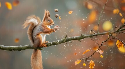 Fototapeta premium A squirrel perched on a tree branch, adjacent to one laden with leaves and nuts cascading down