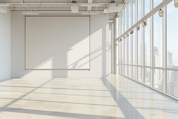 Blank white wall mockup in sunny modern empty gallery