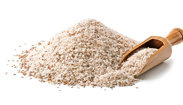 Dietary fiber. Heap of psyllium husk powder and scoop isolated on white