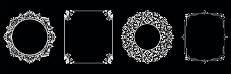 Set of decorative frames Elegant vector element for design in Eastern style, place for text. Floral black and white borders. Lace illustration for invitations and greeting cards.