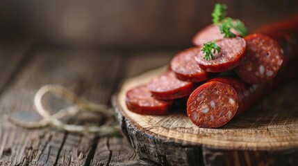 Obraz premium Thin Dry Smoked Polish Sausage on Wooden Background with Selective Focus
