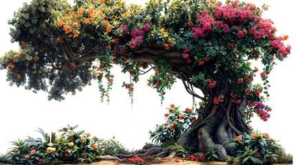 Fantastical Tree with Twisted Trunk: Lush Green Canopy, Bright Orange Flowers, Hanging Vines, and Enchanting Fairy Tale Atmosphere.