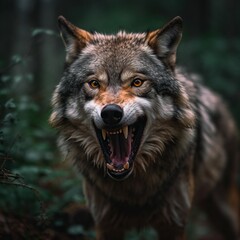 Obraz premium portrait photo of a aggressive wolf in a natural environment in the rain,generated with AI.. High quality photo