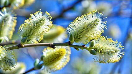 Fototapeta premium pollen count of the willow catkin, flowering tree branch in spring with pollen, symbol for hay fever or pollen allergy on beautiful blurred nature background