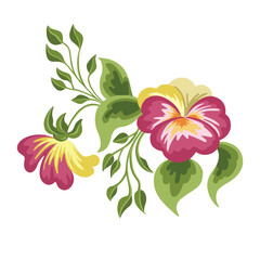 wildflowers decoration stylized bright burgundy pansies, vector illustration