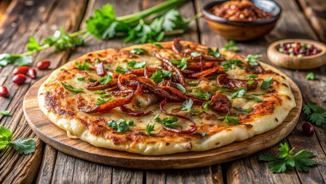 Golden-brown, crispy-edged uttapam loaded with caramelized onions, fresh cilantro, and spices on a rustic wooden background, appetizing and steamy.