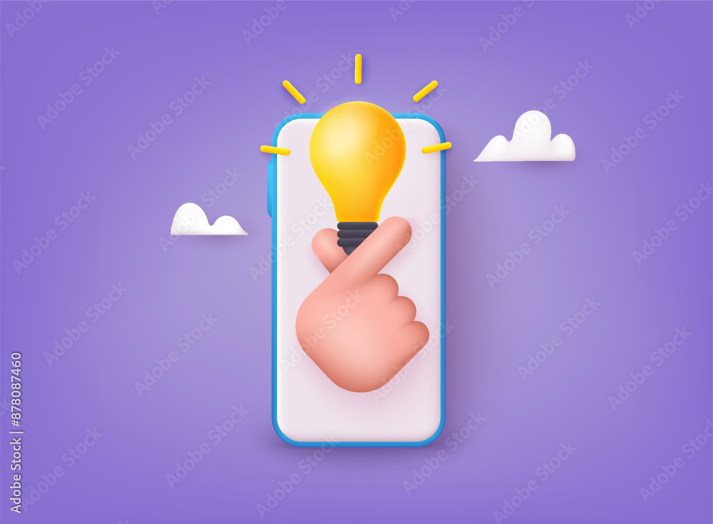 Poster yellow light bulb icon in hand. creative idea inspiration. brainstorming development. 3d web vector 