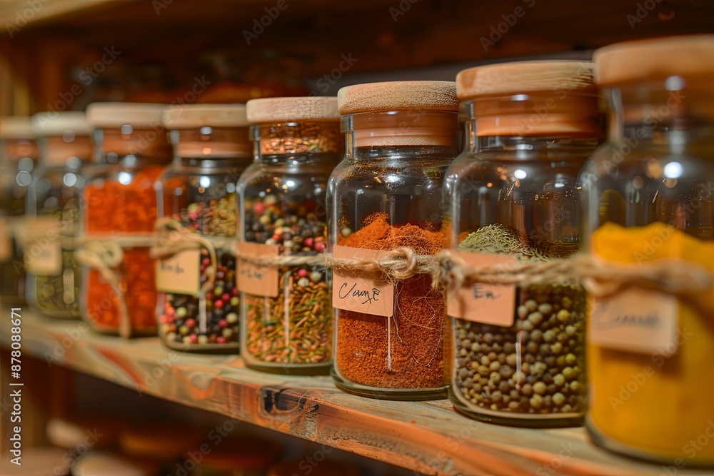 Aufkleber A row of glass jars filled with various spices neatly arranged on a wooden shelf. Each jar has a label with the name of the spice, such as paprika, turmeric, cumin, and oregano.