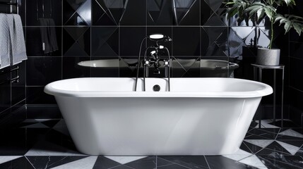 Fototapeta premium A black and white themed bathroom with geometric black tiles, a white bathtub, and black faucets