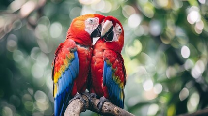 Obraz premium Two vibrant parrots perch side by side on a tree branch laden with green foliage