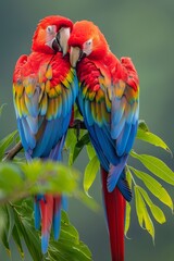 Obraz premium A few vibrant birds perch atop a lush, green tree, surrounded by leafy branches