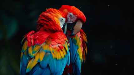 Fototapeta premium Two parrots, colorfully perched, on a single branch against a dark forest backdrop