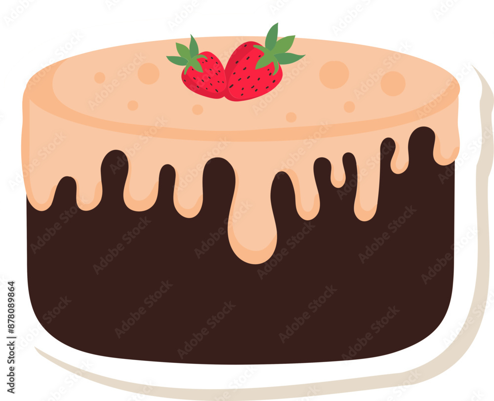 Sticker delicious cake with strawberry icon in sticker style.