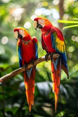 Obraz premium Two parrots, colored brightly, perch on a tree branch against a backdrop of lush tropical trees and vibrant greenery