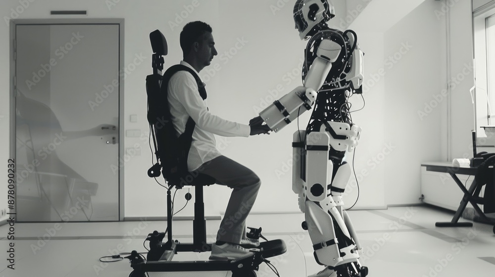 Poster an engineer in hightech exoskeleton and vr headset works in futuristic lab surrounded by advanced eq