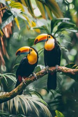 Obraz premium Two toucans perch on a branch in a tropical forest One is yellow, the other is black