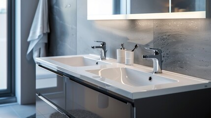 Fototapeta premium A contemporary bathroom with a double sink vanity and touch-activated faucets