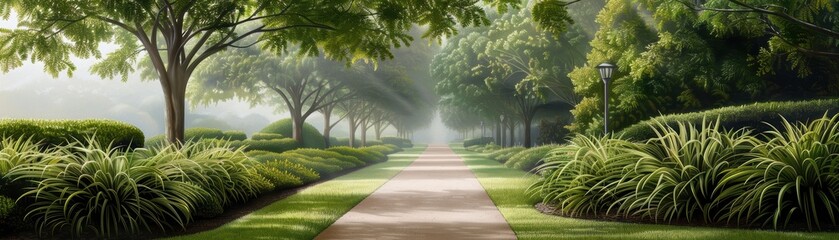 Obraz premium Serene walking path surrounded by lush greenery, solar-powered lights lining the way, early morning mist, Realism, Watercolor