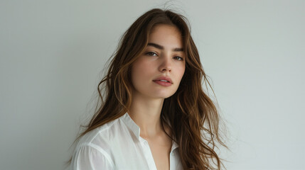 Naklejka premium A stunning supermodel in her early 20s wearing a classic white shirt, looking into the camera with a subtle smile