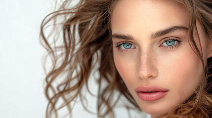 Fototapeta premium Elegant Headshot of a Beautiful Woman with Freckles and Green Eyes
