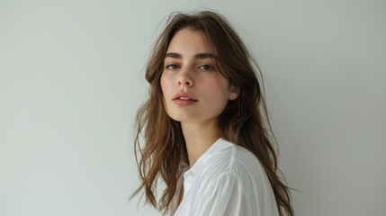 Fototapeta premium A stunning supermodel in her early 20s wearing a classic white shirt, looking into the camera with a subtle smile