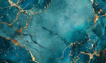 turquoise marble texture background with cracked gold details, Generative AI