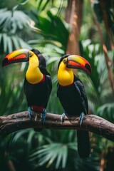 Obraz premium Two toucans on a branch, one with a yellow beak