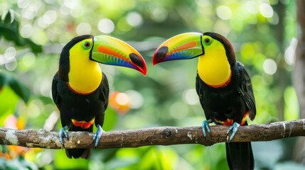 Obraz premium Two toucans on a tree branch, beaks gently touching foreheads